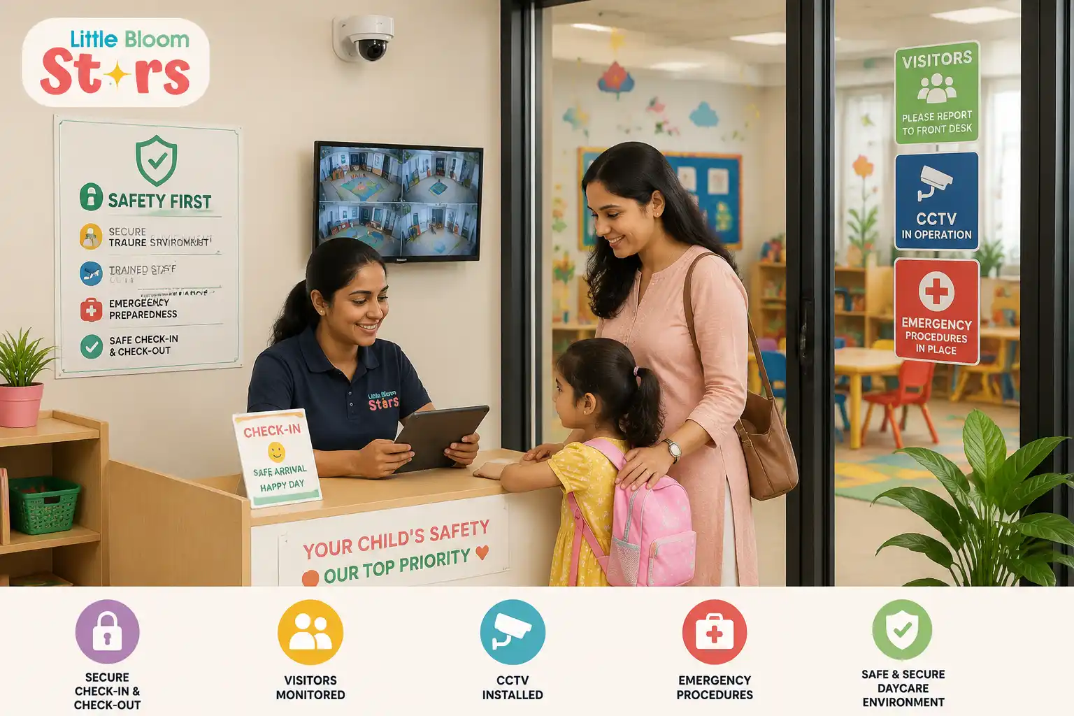 Daycare safety measures at Little Bloom Stars with CCTV, secure check-in and emergency procedures
