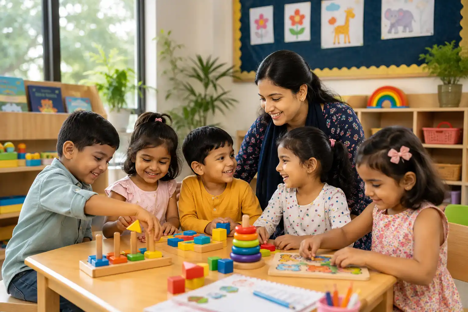Safe daycare in Dhaka with children learning and playing in a clean daycare classroom environment at Little Bloom Stars